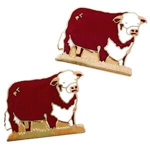 Vintage Enamel Hereford Cow Cufflinks Gold Tone Mens Western Farm Animal Jewelry